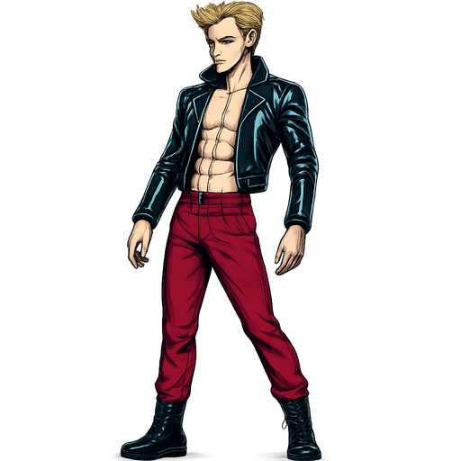 Swishy graceful man Cyberpunk manga, idle animation, shiny black leather biker jacket longsleeves shirtless Skinny abs blonde pompadour guy, wine red joggers combat boots, Background removed, "Full-body character, entirely in frame, no cropping of face, head, or feet" "Complete character visible, from head to toe, fully centered in the image" "Entire character, including face and boots, fully within the frame" Character fully contained within a square frame, no edges cut off fashion model idle pose