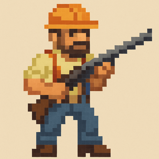 un hombre obrero hecho con pixeles de cuerpo completo sosteniendo un arma