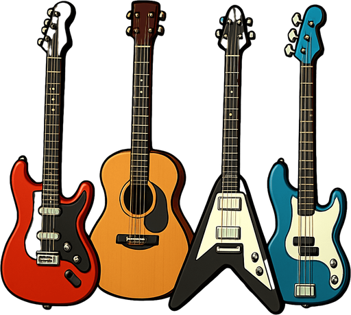 Pack of different guitars.
In-Game asset.  High contrast.  No shadows. 3D