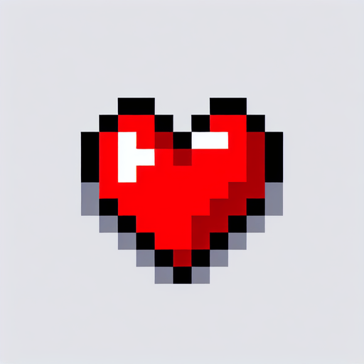 A red heart in pixel style representing the lifes of the player in a video game.
Single Game Texture. In-Game asset. 2d. Blank background. High contrast. No shadows.