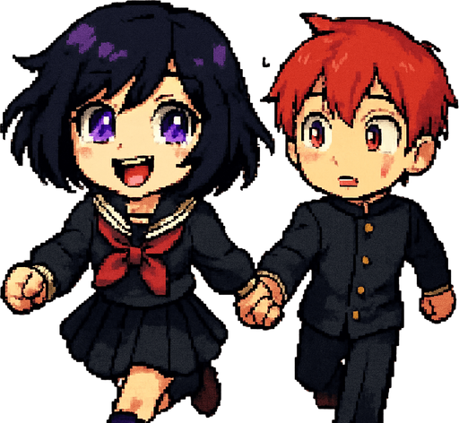 A cute anime-style girl with an emo aesthetic and striking purple eyes wears a traditional Japanese school uniform (sailor fuku). With a wide, toothy smile and sparkling eyes full of excitement, she runs joyfully while holding hands with a sweet red-haired boy with vivid red eyes, dressed in a classic gakuran school uniform. The boy, surprised and slightly flustered, has a question mark floating above his head as he's pulled along by the girl's energy. Behind them stretches a Japanese school hallway, all rendered in a charming Pixel Art style.
