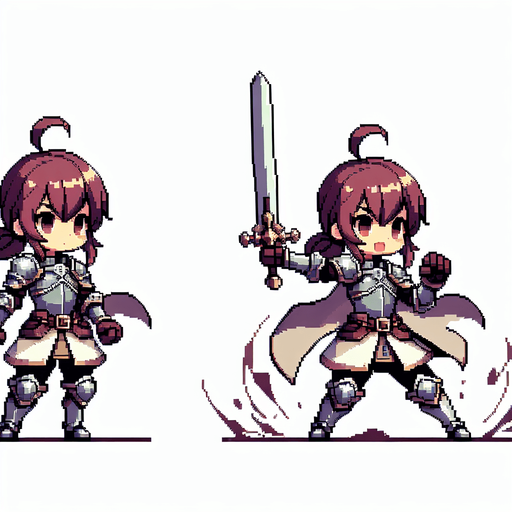 generate a 2d asset pixel art spritesheet of a anime girl knight with two frames. one idle and one attacking with a sword
Single Game Texture.  In-Game asset.  2d.  Blank background.  High contrast.  No shadows