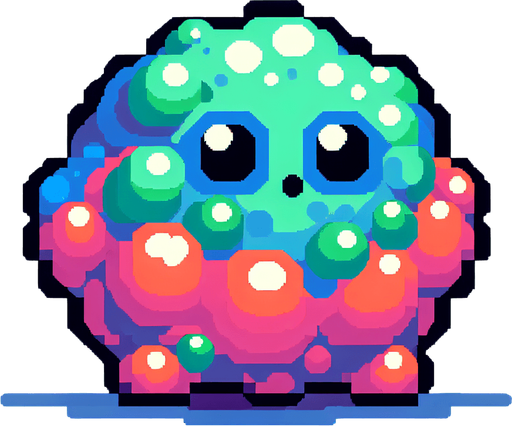 A pixel based enemy from the world of Bubble Bobble. It should be blob like.  Make it very 80s 90s like in pixel, arcade style..
Single Game Texture.  In-Game asset.  2d.  Blank background.  High contrast.  No shadows