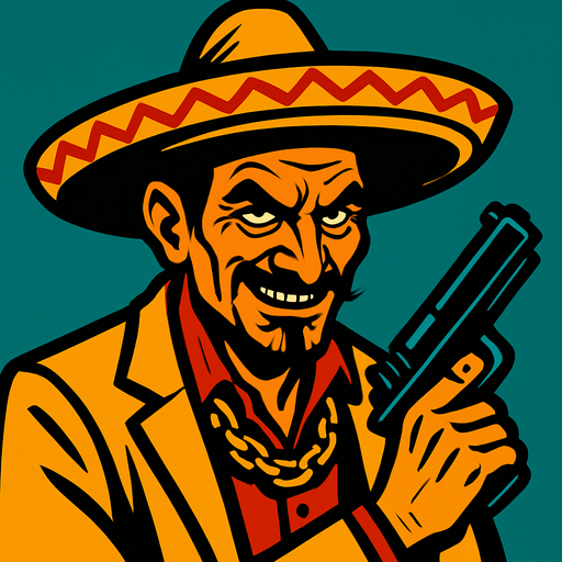 Draw me a criminal, mischievous cunning man who looks like a malevolent Mexican cartel.
In-Game asset.  2d.  High contrast.  No shadows