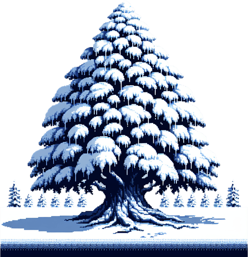 pixel art of a large tree covered in snow.
Single Game Texture. In-Game asset. 2d. Blank background. High contrast. No shadows.