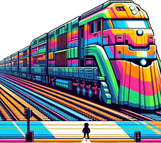 Train covering  5 blocks and 5 times bigger than tha character.
Single Game Texture. In-Game asset. 2d. Blank background. High contrast. No shadows.