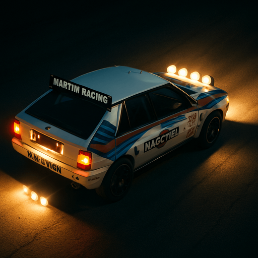 Photorealistic Lancia Delta Rallycar in nightlight, drone topview from back and 45 degrees angle in top right corner