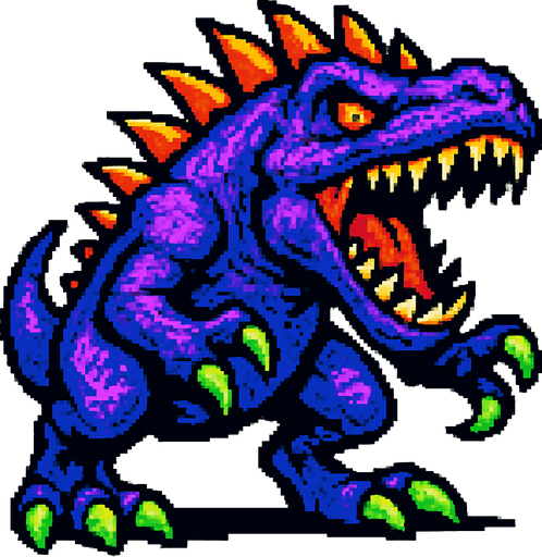 90'lardaki retro oyun dinazoru. vahşi olsun. diğer canavarlarda gibi olmayan renk olsun
In-Game asset.  2d.  High contrast.  No shadows