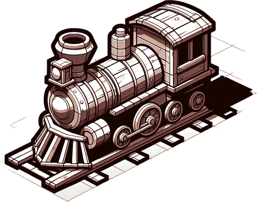 2d western toy train side view.
Single Game Texture. In-Game asset. 2d. Blank background. High contrast. No shadows.