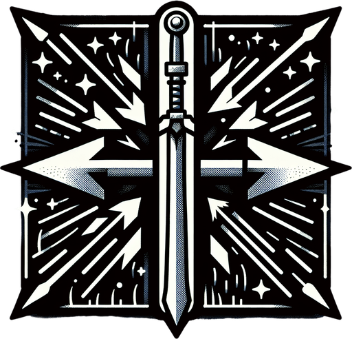 A arrow and sword splitting into a double arrow and double sword signifying a extra shot/sword..
Single Game Texture.  In-Game asset.  2d.  Blank background.  High contrast.  No shadows