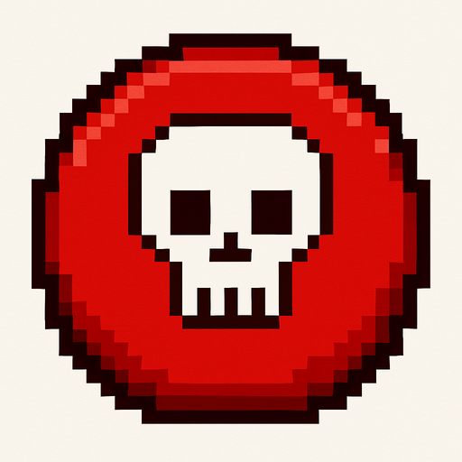 un boton rojo con una calavera de pixeles.
In-Game asset.  2d.  High contrast.  No shadows