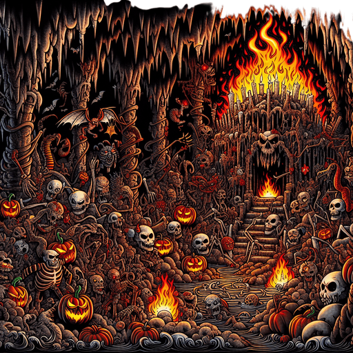 Generate a high quality cartoon background Halloween image on a black canvas similar to the format of where is waldo with a hellish environment.
Single Game Texture. In-Game asset. 2d. Blank background. High contrast. No shadows.