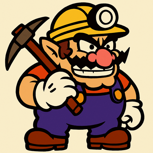 Super Mario'daki Wario karakteri ama madenci kılığında.
In-Game asset.  2d.  High contrast.  No shadows