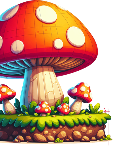 Generate a cartoon-style giant mushroom obstacle for a helicopter game. It should be colorful, exaggerated in size, and fun in appearance, with a thick stem and a big cap. Use soft shadows and vibrant tones..
Single Game Texture.  In-Game asset.  2d.  Blank background.  High contrast.  No shadows