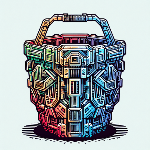 a robotic basket with high contrast.
Single Game Texture.  In-Game asset.  2d.  Blank background.  High contrast.  No shadows