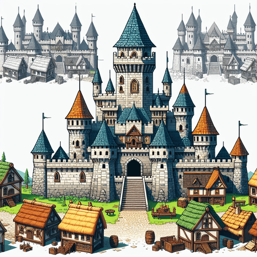 An animated image a medieval city with a castle.
Single Game Texture. In-Game asset. 2d. Blank background. High contrast. No shadows.