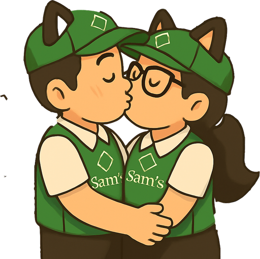Has que estos dos personajes se esten besando en un congelador de sams club, escondidos entre los productos. agrega corazoncitos y evita el tono sepia, debe ser alegre