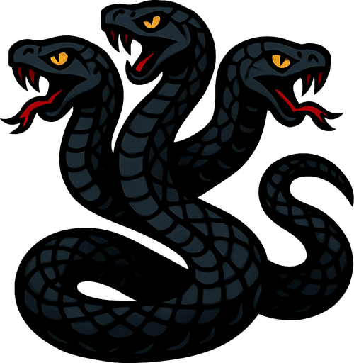 3 başı olan koyu renkli pullu bir yılan.
In-Game asset.  2d.  High contrast.  No shadows