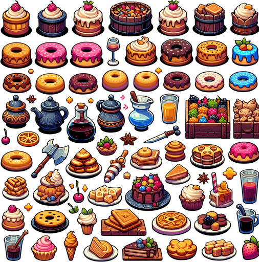 A spritesheet full of different delicious medieval cakes and snacks and beverages..
Single Game Texture. In-Game asset. 2d. Blank background. High contrast. No shadows.