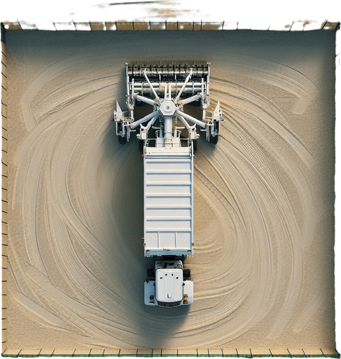 Zenith view of a white rectangular Harvester shape of a garbage truck with a triangular head. Harvesting on sand, with flowing spice in the back. inside a square fence.
Zenith view. Directly overhead. Plumb view.