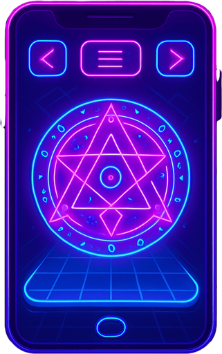 Neon cyberpunk mobile game trackpad too down flat 3d 2d hologram futuristic magic occult chic