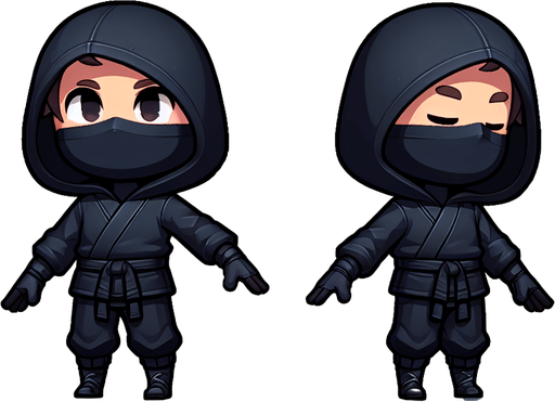 A ninja kid thief, full body, with a dark colored hoodie.
Single Game Texture. In-Game asset. 2d. Blank background. High contrast. No shadows.