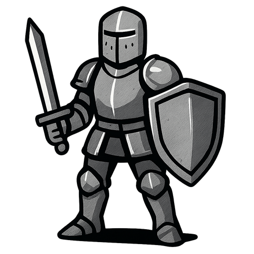 Human with Iron Armor, iron sword and iron shield.
In-Game asset.  2d.  High contrast.  No shadows