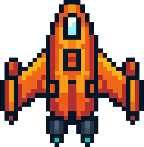 aşağı doğru bakan pixel art bir uzay gemisi.
In-Game asset.  2d.  High contrast.  No shadows