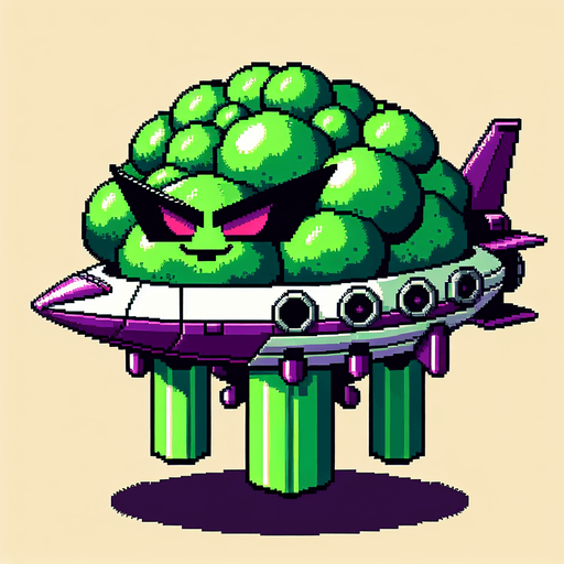 an evil broccoli airship.
Single Game Texture. In-Game asset. 2d. Blank background. High contrast. No shadows. 8bit