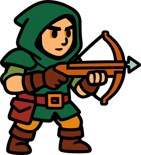 Create a game character with a crossbow in hand.
In-Game asset.  2d.  High contrast.  No shadows