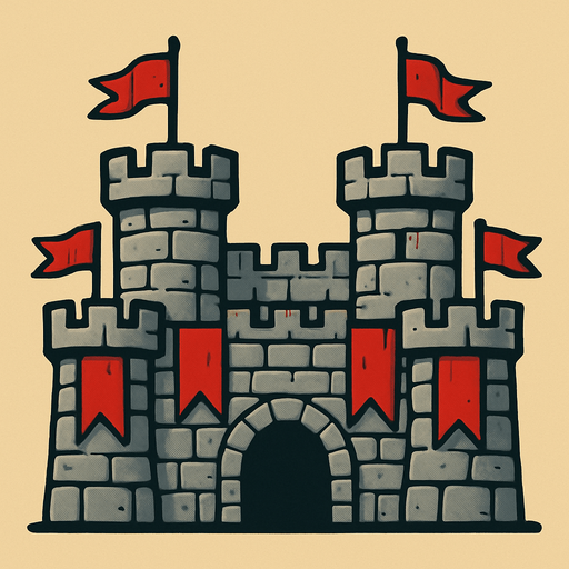 Taştan ve dört tane kulesi olan kırmızı bayraklar asılı kale.
In-Game asset.  2d.  High contrast.  No shadows