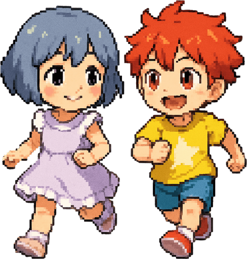 Yui y un niño anime, ambos de 5 o 6 años, corren por un parque soleado en una carrera infantil. Yui tiene el cabello corto, suave, azul grisáceo (HEX: #b0b9d8) y ojos negros. Lleva un vestido lavanda claro con volantes blancos y zapatillas blancas con detalles rosa pastel. Sonríe tímidamente con mejillas sonrojadas mientras corre con pasos pequeños.

El niño tiene cabello pelirrojo alborotado y ojos rojos intensos. Lleva una camiseta amarilla brillante con una estrella blanca, pantalones cortos azul claro y zapatillas rojas. Corre con energía, sonriendo ampliamente, mirando a Yui con entusiasmo.

La escena está en Pixel Art, con césped verde, árboles y pétalos flotando. Ambos se ven felices, reflejando un momento puro de infancia.
