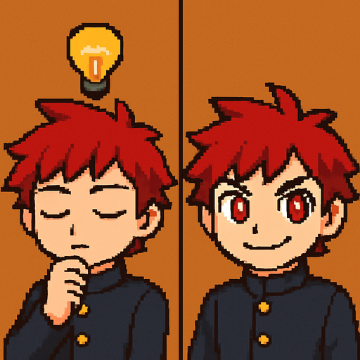 A kawaii anime boy with red eyes and a serious expression stands with his eyes closed, resting a hand under his chin in a thoughtful pose. He’s wearing a traditional Japanese school uniform called a gakuran. Suddenly, a lightbulb appears above his head—the classic symbol of a brilliant idea. He opens his eyes with determination, a confident smile forming on his face. It's Pixel Art.
