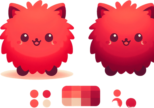 a red furry cuddly ball of fur. little feet. No ears. cute happy face. Cartoon style. Cute art style. Simple vector style. Pastel colors, flat shaded, vector art. Single Game Texture. In-Game asset. 2d. Blank background. High contrast. No shadows
