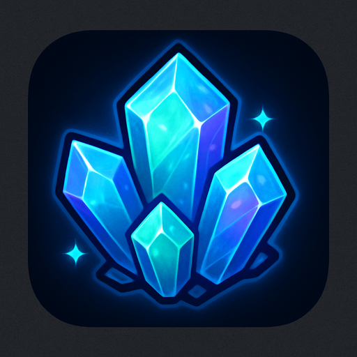 Crea un icono de cristales que represente el recurso mágico y avanzado. Debe ser un pequeño clúster de cristales facetados y brillantes (pueden ser de un solo color dominante o una mezcla sutil de azul, verde y púrpura), vistos directamente desde arriba. La superficie superior debe mostrar los planos de los cristales y un brillo translúcido que sugiera su naturaleza energética..
In-Game asset.  2d.  High contrast.  No shadows