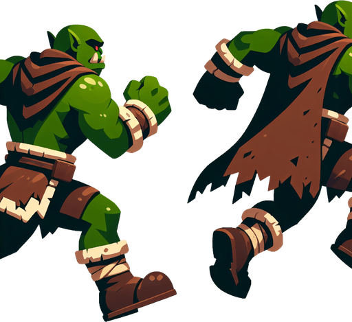 Two images of an orc. one running and one jumping to attack. both from behind, rear view. cartoon.
Single Game Texture.  In-Game asset.  2d.  Blank background.  High contrast.  No shadows