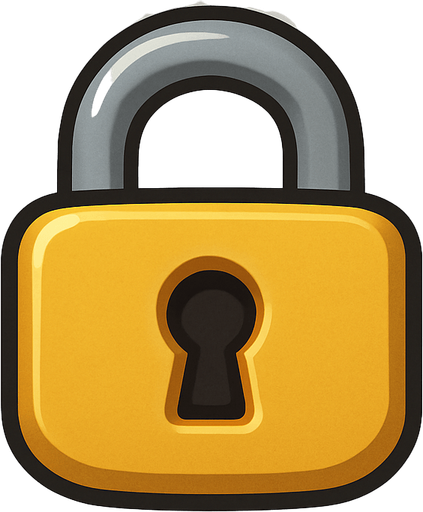 A small, flat 2D padlock icon designed for mobile games. The lock should be cartoon-style with a rounded body, thick outline, and a keyhole in the center. Use soft shadows and a slight 3D effect. The color should be golden yellow or metallic gray, clearly visible when placed over a flag. The icon must have a transparent rounded background and be suitable for overlaying on a world map UI in a kids’ adventure game..
In-Game asset.  2d.  High contrast.  No shadows