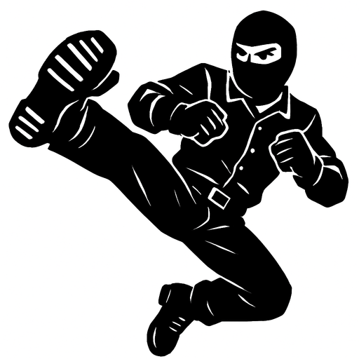 hombre con camisa negra de manga larga, pantalones negros, botas negras y guantes negros y un pasamontañas negro dando una patada de artes marciales
In-Game asset.  2d.  High contrast.  No shadows