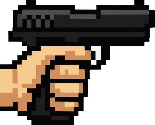 un puño agarrando un arma hecho con pixeles y de perspectiva lateral.
In-Game asset.  2d.  High contrast.  No shadows