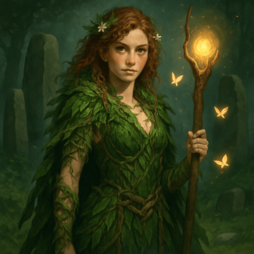 A forest druidess cloaked in green vines, leaves, and bark-woven garments, standing among ancient stone circles. Female, 28 years old, slender and fierce, auburn curly hair with forest flowers woven in, moss-green eyes, and freckled sun-kissed skin. A glowing staff carved from elderwood is in her hand, and glowing butterflies swirl around her. Realistic, highly detailed, enchanted forest atmosphere. realistic.
In-Game asset.  2d.  High contrast.  No shadows