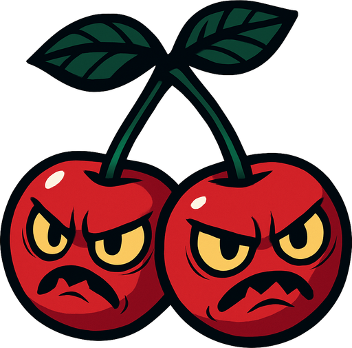 La Petacereza es un par de cerezas gemelas de un rojo intenso y brillante, unidas por sus delgados tallos que se juntan en una pequeña ramita coronada por tres hojas verdes oscuras. Cada fruto tiene rasgos agresivos: ojos amarillentos con iris rojizos y cejas fruncidas, y bocas torcidas en muecas de enfado que sugieren su inminente explosión. Sus superficies lucen suaves, con leves reflejos que acentúan su redondez perfecta..
In-Game asset.  2d.  High contrast.  No shadows