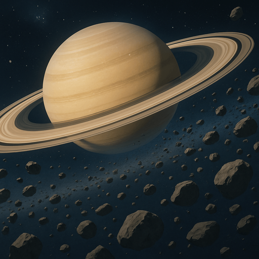 2d realistic anime image about saturn asteroid belt.
In-Game asset.  2d.