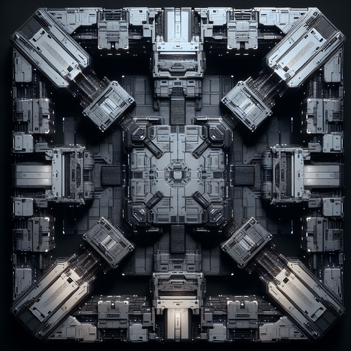 Create the top down view of what it would look to be inside of a very dark space ship's empty cargo bay..
Single Game Texture. In-Game asset. 2d. Blank background. High contrast. No shadows.