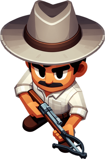 A man with a crowwbow in a hat from above cartoon style.
Single Game Texture. In-Game asset. 2d. Blank background. High contrast. No shadows.