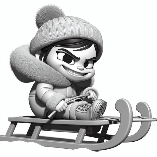 Little girl on a sledge, cartoon, winter, sideview, evil, winter boots Single Game Texture. In-Game asset. 2d. Blank background. High contrast. No shadows.