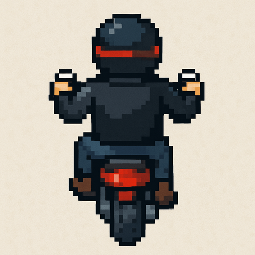 motociclista de chaqueta negra hecha con pixeles con perspectiva desde arriba y trasera.
In-Game asset.  2d.  High contrast.  No shadows