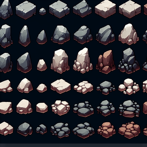 Create a sprite sheet with images of various rocks.  The design should be exclusively top views. Arrange the components on a dark background, neatly aligning each part in rows and columns for easy identification and use in game development..
Single Game Texture. In-Game asset. 2d. Blank background. High contrast. No shadows.