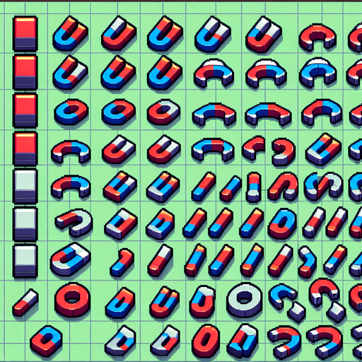 A sprite sheet of magnets.
Single Game Texture. In-Game asset. 2d. Blank background. High contrast. No shadows.