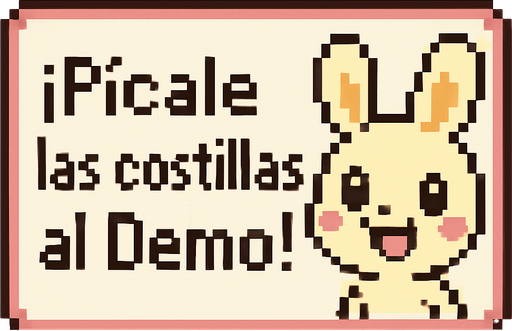 Un cuadro de dialogo.
Este dira ''Picale las costillas al Demo'' TIENE QUE SER ADORABLE pero retro, de videojuego.
In-Game asset.  2d.  High contrast.  No shadows