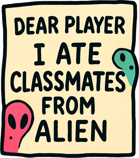 A note that says dear player 
I ate classmates from alien.
In-Game asset.  High contrast.  No shadows